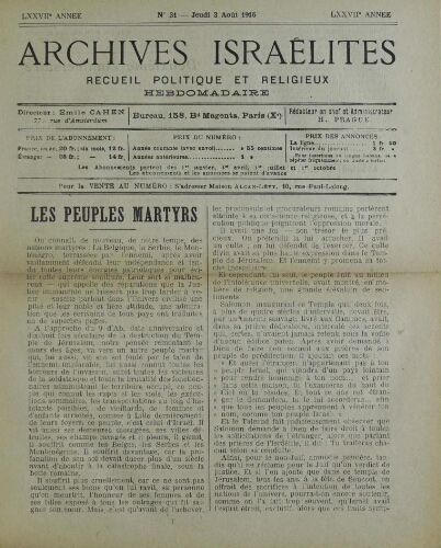 Archives israélites de France. Vol.77 N°31 (03 août 1916)